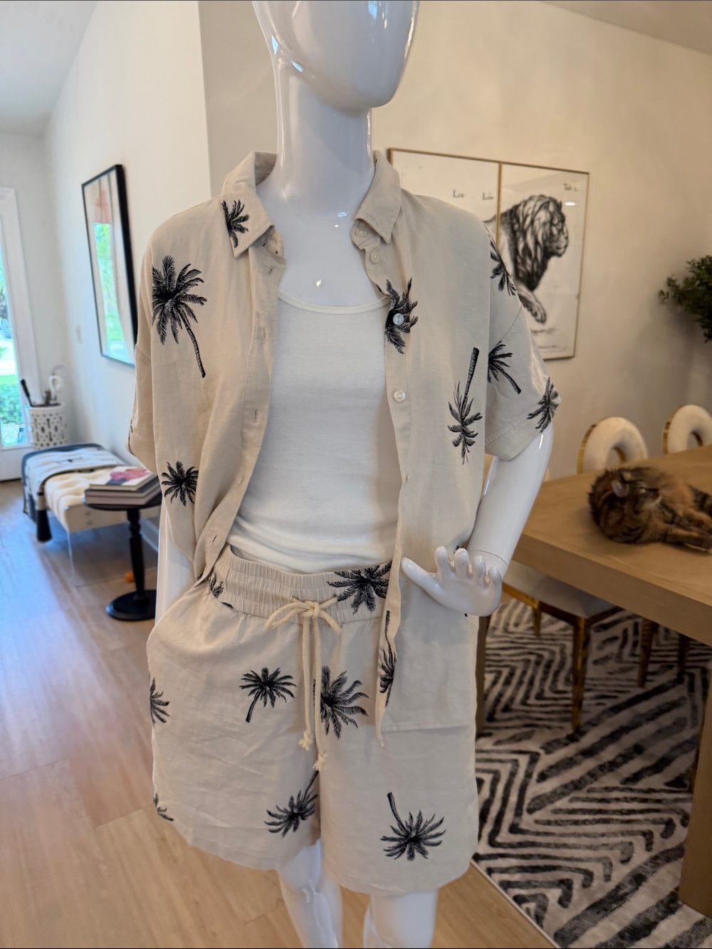 Peace Love World Cream Palm-Print Button Front Lounge Set